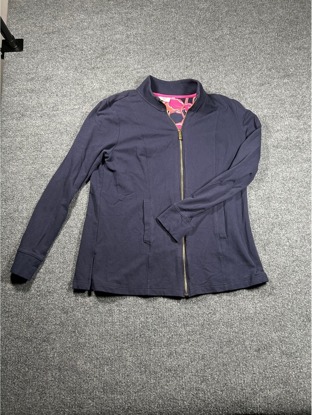 Crown & Ivy Navy Blue Zip-Up Jacket with Floral Lining, Petite Large